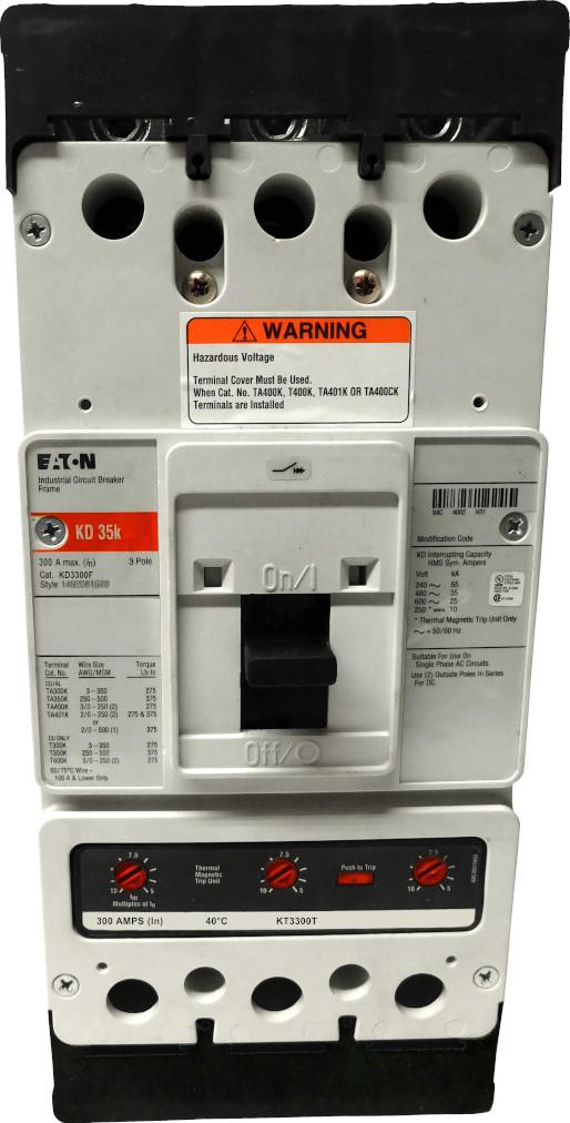 KD3300 KD Frame Style, Molded Case Circuit Breaker, Thermal Magnetic Interchangeable Trip Unit, 300 Ampere at 40 Degree Celsius, 3 Pole, 600VAC @ 50/60HZ, Interrupting Ratings: 65 Kiloampere @ 240VAC, 35 Kiloampere @ 480VAC, 25 Kiloampere @ 600VAC, 10 Kiloampere @ 250VDC. New Surplus and Certified Reconditioned with 1 Year Warranty.