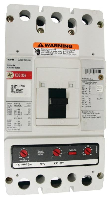 KDB3100 KDB Frame Style, Molded Case Circuit Breaker, Thermal Magnetic Non-Interchangeable Trip Unit, 100 Ampere at 40 Degree Celsius, 3 Pole, 600VAC @ 50/60HZ, Interrupting Ratings: 65 Kiloampere @ 240VAC, 35 Kiloampere @ 480VAC, 25 Kiloampere @ 600VAC, 10 Kiloampere @ 250VDC. New Surplus and Certified Reconditioned with 1 Year Warranty.
