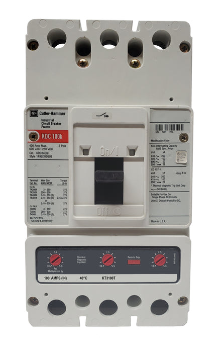 KDC3100 KDC Frame Style, Molded Case Circuit Breaker, Thermal Magnetic Interchangeable Trip Unit, 100 Ampere at 40 Degree Celsius, 3 Pole, 600VAC @ 50/60HZ, Interrupting Ratings: 200 Kiloampere @ 240VAC, 100 Kiloampere @ 480VAC, 50 Kiloampere @ 600VAC. New Surplus and Certified Reconditioned with 1 Year Warranty.