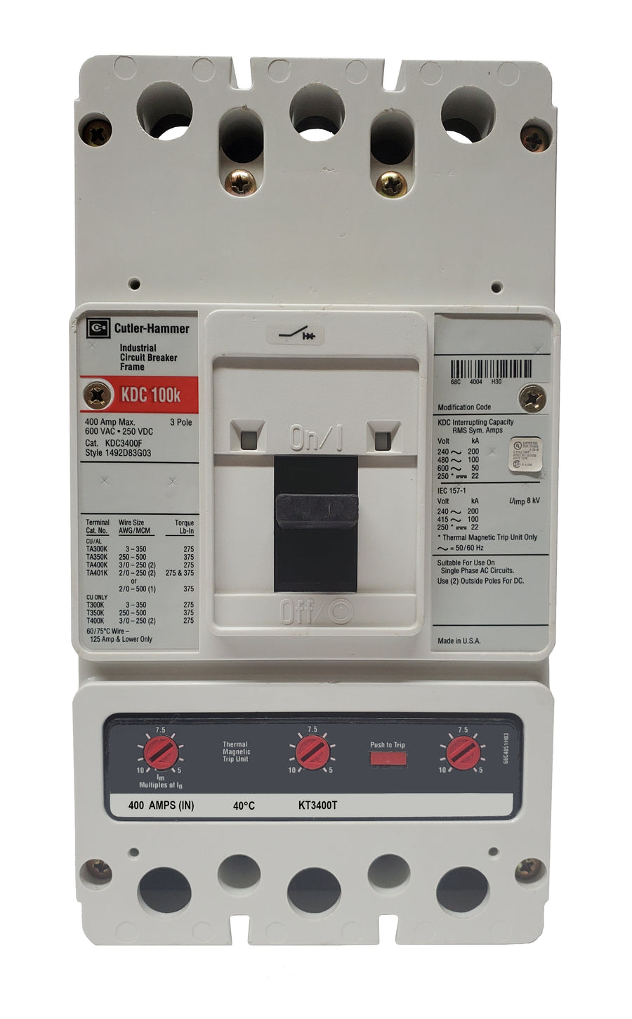 KDC3400 KDC Frame Style, Molded Case Circuit Breaker, Thermal Magnetic Interchangeable Trip Unit, 400 Ampere at 40 Degree Celsius, 3 Pole, 600VAC @ 50/60HZ, Interrupting Ratings: 200 Kiloampere @ 240VAC, 100 Kiloampere @ 480VAC, 50 Kiloampere @ 600VAC. New Surplus and Certified Reconditioned with 1 Year Warranty.