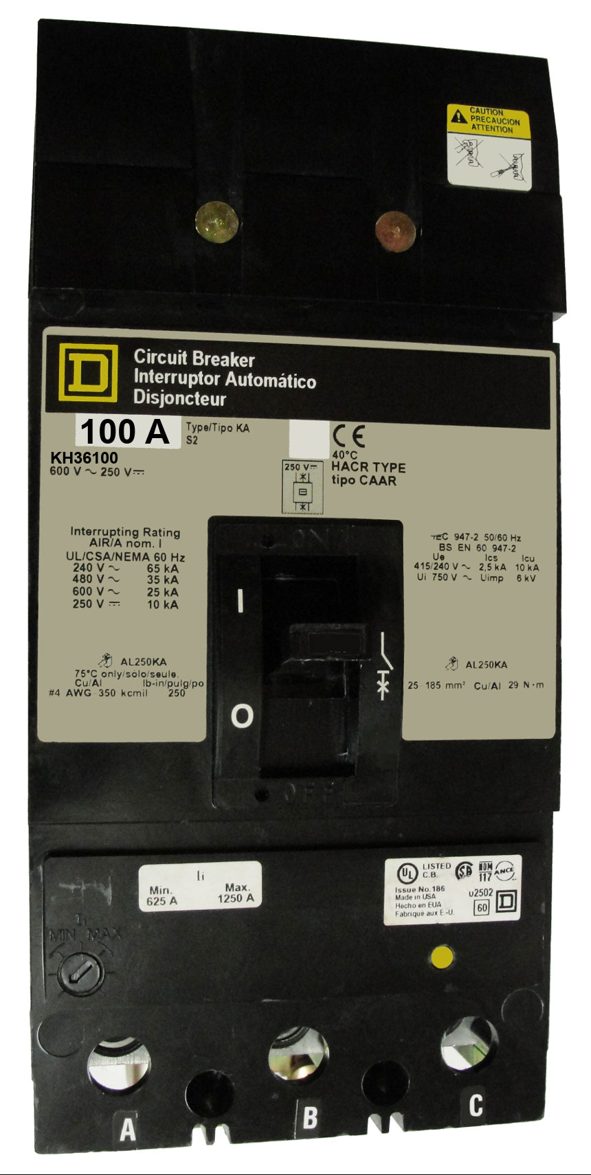 KH36100 KH (I-Line) Frame Style, Molded Case Circuit Breaker, Thermal Magnetic Non-interchangeable Trip Unit, 100 Ampere at 40 Degree Celsius, 3 Pole, Load End Terminals Standard. New Surplus and Certified Reconditioned with 1 Year Warranty.