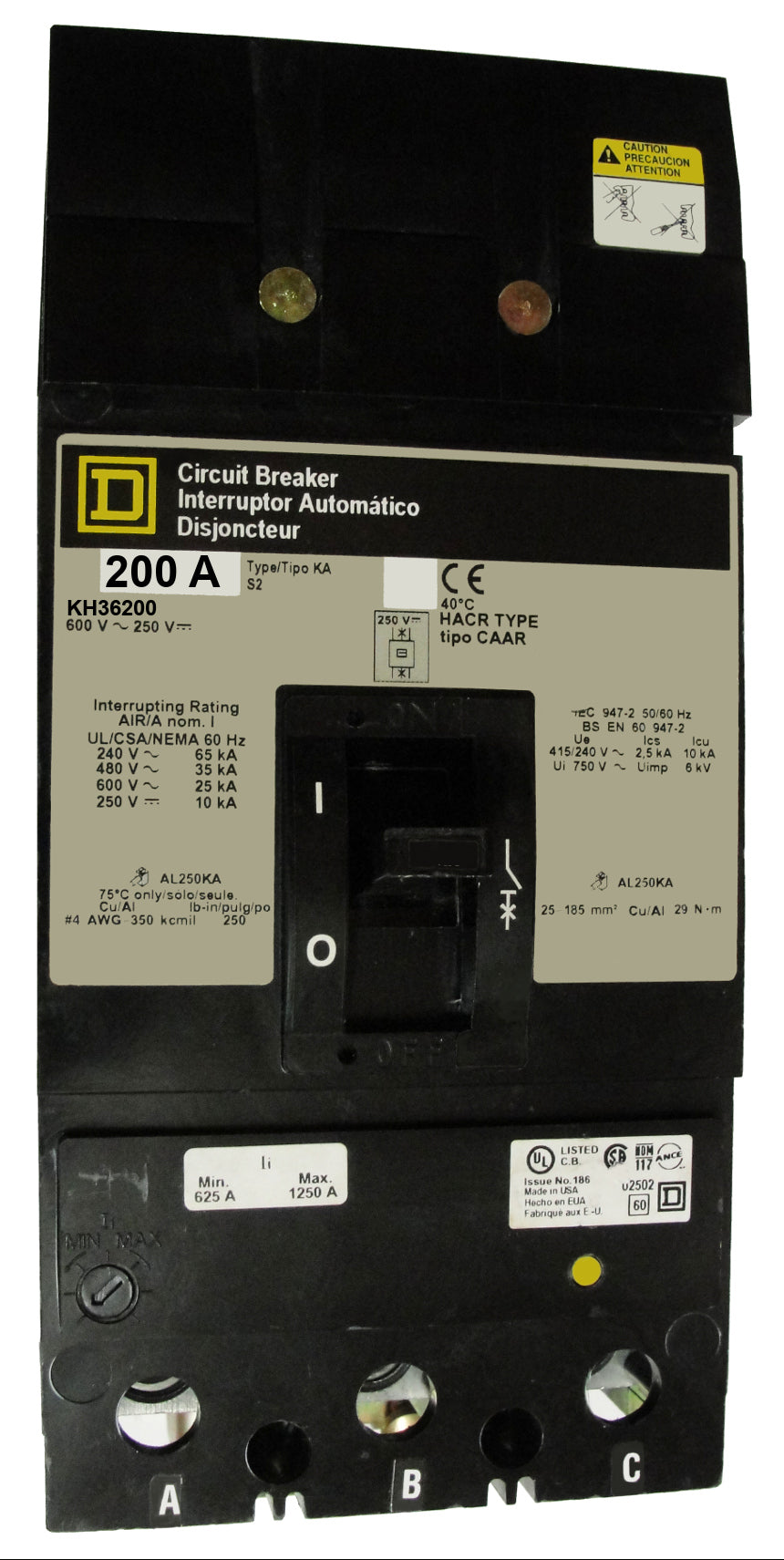 KH36200 KH (I-Line) Frame Style, Molded Case Circuit Breaker, Thermal Magnetic Non-interchangeable Trip Unit, 200 Ampere at 40 Degree Celsius, 3 Pole, Load End Terminals Standard. New Surplus and Certified Reconditioned with 1 Year Warranty.