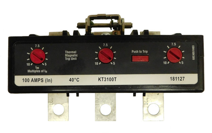 KT3100T Trip Unit, K Frame Style, Thermal-Magnetic, 100 Ampere at 40 Degree Celsius, 3Pole, 600VAC, Magnetic Trip Adjustment at 5-10 Times Continuous Ampere Rating. New Surplus and Certified Reconditioned with 1 Year Warranty.