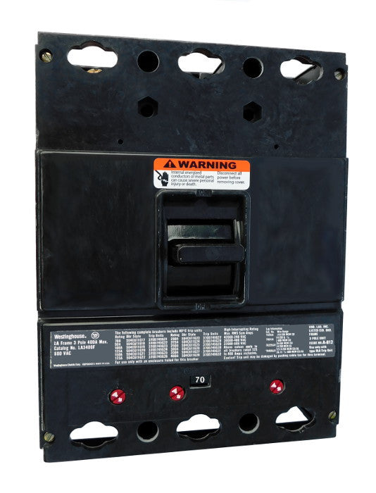 LA Frame Style, 400 Amp Max Frame, Molded Case Circuit Breaker, Thermal Magnetic Interchangeable Trip Unit, 70 Ampere at 40 Degree Celsius, 3 Pole, 600VAC @ 50/60HZ, Interrupting Ratings: 50 Kiloampere @ 240VAC, 35 Kiloampere @ 480VAC, 25 Kiloampere @ 600VAC, Without Terminals
