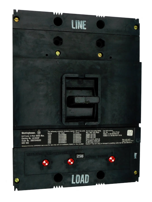 LA3250 (600 Amp Max Frame) LA Frame Style, 600 Amp Max Frame, Molded Case Circuit Breaker, Thermal Magnetic Interchangeable Trip Unit, 250 Ampere at 40 Degree Celsius, 3 Pole, 600VAC @ 50/60HZ, Without Terminals. New Surplus and Certified Reconditioned with 1 Year Warranty.