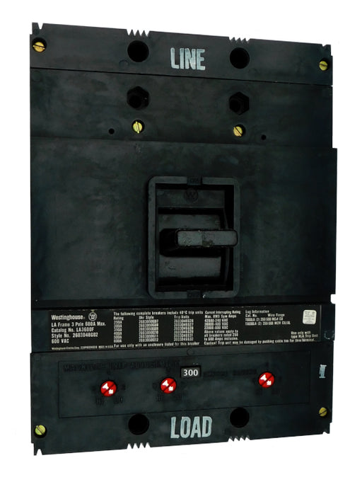 LA3300 (600 Amp Max Frame) LA Frame Style, 600 Amp Max Frame, Molded Case Circuit Breaker, Thermal Magnetic Interchangeable Trip Unit, 300 Ampere at 40 Degree Celsius, 3 Pole, 600VAC @ 50/60HZ, Without Terminals. New Surplus and Certified Reconditioned with 1 Year Warranty.
