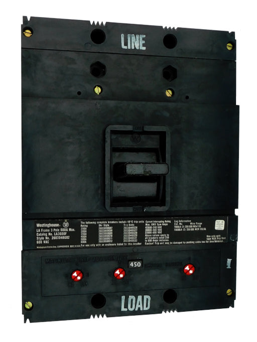 LA3450 (600 Amp Max Frame) LA Frame Style, 600 Amp Max Frame, Molded Case Circuit Breaker, Thermal Magnetic Interchangeable Trip Unit, 450 Ampere at 40 Degree Celsius, 3 Pole, 600VAC @ 50/60HZ, Without Terminals. New Surplus and Certified Reconditioned with 1 Year Warranty.