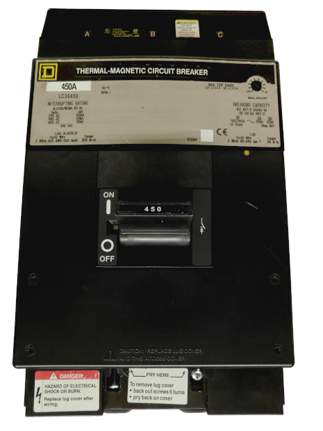 LC36450 LC Frame Style, Molded Case Circuit Breaker, Thermal Magnetic Non-interchangeable Trip Unit, 450 Ampere at 40 Degree Celsius, 3 Pole, Load End Terminals Standard. New Surplus and Certified Reconditioned with 1 Year Warranty.