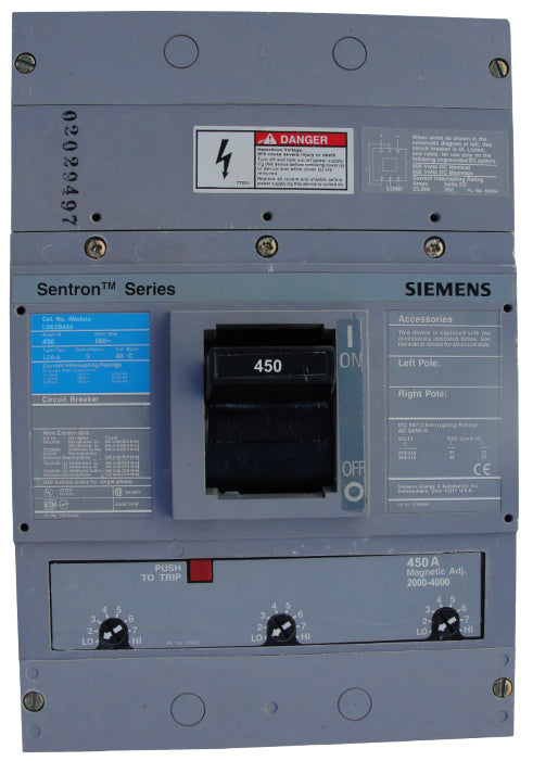 LD63B450 LD Frame Style, Molded Case Circuit Breaker, Thermal Magnetic Interchangeable Trip Unit, 450 Ampere at 40 Degree Celsius, 3 Pole, 240V AC, 480V AC, and 600V AC @ 50/60 HZ, Line and Load End Terminals Standard. New Surplus and Certified Reconditioned with 1 Year Warranty.