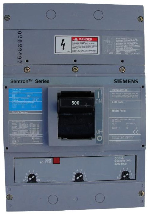 LD63B500 LD Frame Style, Molded Case Circuit Breaker, Thermal Magnetic Interchangeable Trip Unit, 500 Ampere at 40 Degree Celsius, 3 Pole, 240V AC, 480V AC, and 600V AC @ 50/60 HZ, Line and Load Standard. New Surplus and Certified Reconditioned with 1 Year Warranty.