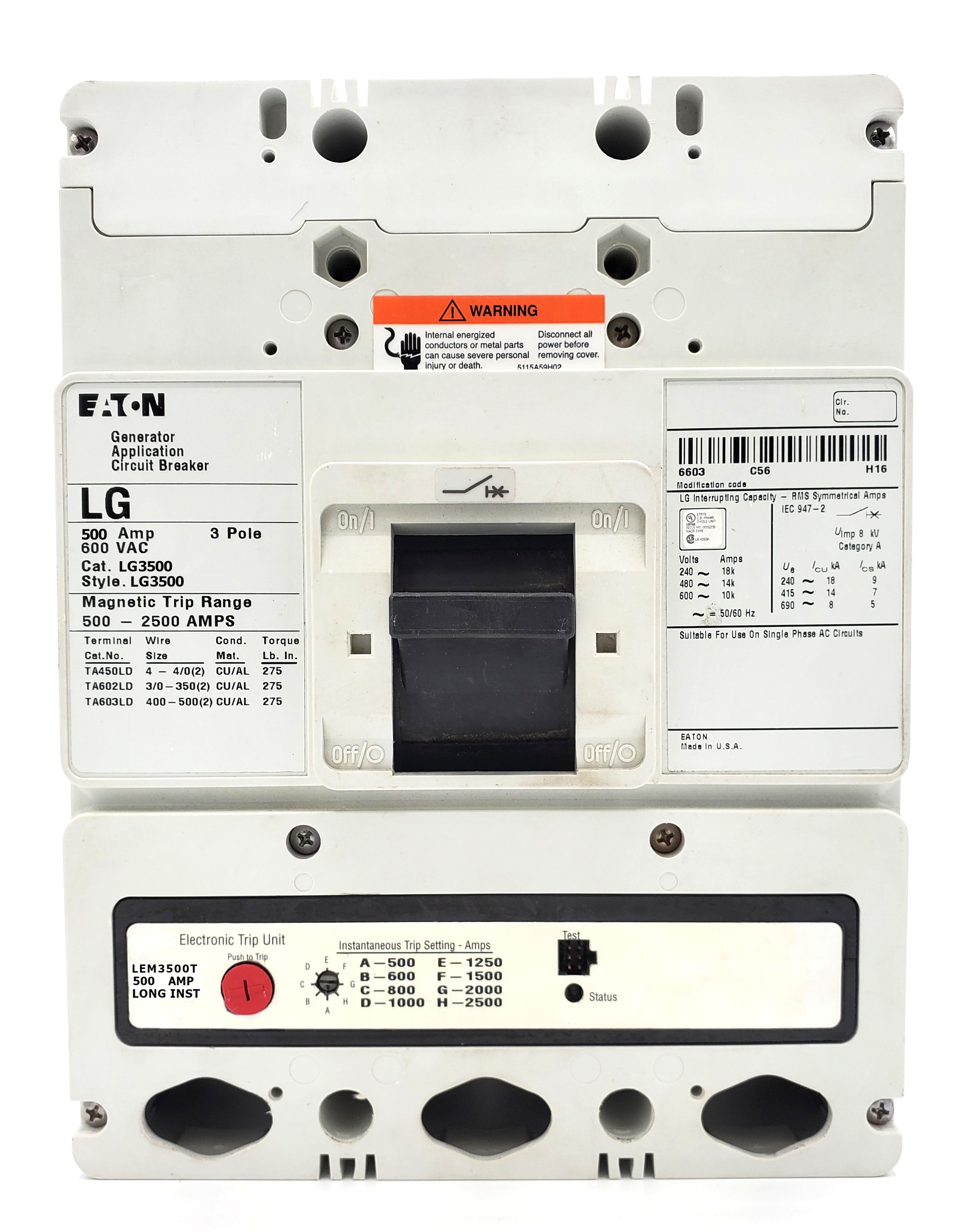 LG3500 LG Frame Style, Molded Case Generator Circuit Breaker, Electronic Interchangeable Trip Unit, 500-2500 Trip Range, 500 Ampere at 40 Degree Celsius, 3 Pole, 600VAC @ 50/60HZ, With Terminals Standard. New Surplus and Certified Reconditioned with 1 Year Warranty.
