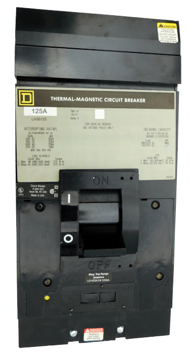 LH36125 LH (I-Line) Frame Style, Molded Case Circuit Breaker, Thermal Magnetic Non-interchangeable Trip Unit, 125 Ampere at 40 Degree Celsius, 3 Pole, Load End Terminals Standard. New Surplus and Certified Reconditioned with 1 Year Warranty.