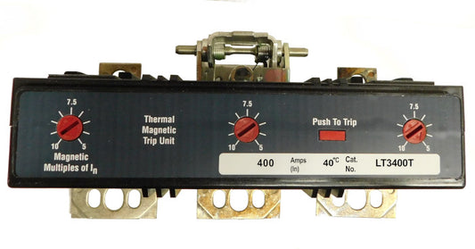 LT3400T Trip Unit, L Frame Style, Thermal-Magnetic, 400 Ampere at 40 Degree Celsius, 3Pole, 600VAC, Magnetic Trip Adjustment at 5-10 Times Continuous Ampere Rating, For Use in Molded Case Circuit Breakers With Optional Interchangeable Trip Units. New Surplus and Certified Reconditioned with 1 Year Warranty.