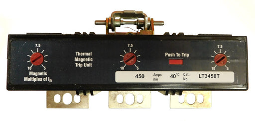 LT3450T Trip Unit, L Frame Style, Thermal-Magnetic, 450 Ampere at 40 Degree Celsius, 3Pole, 600VAC, Magnetic Trip Adjustment at 5-10 Times Continuous Ampere Rating, For Use in Molded Case Circuit Breakers With Optional Interchangeable Trip Units. New Surplus and Certified Reconditioned with 1 Year Warranty.