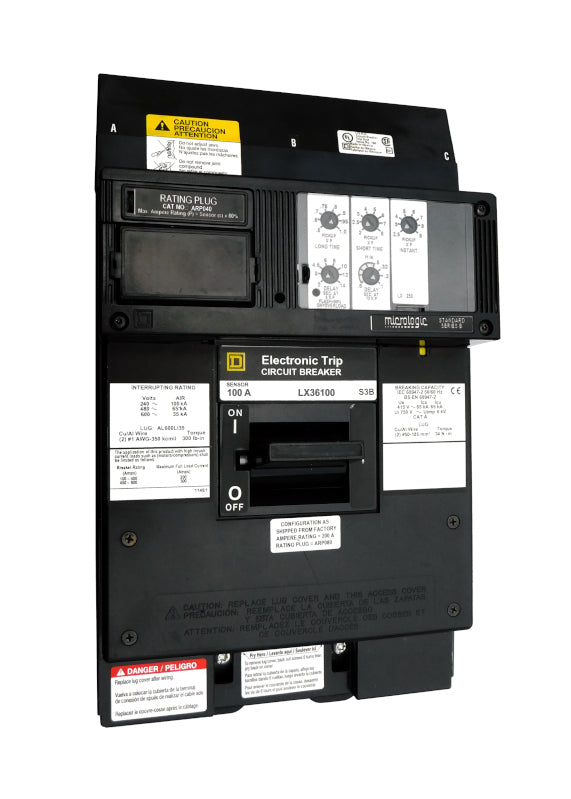 LX36100 LX (I-Line) Frame Style, Molded Case Circuit Breaker, 600 Amp Max Frame, Electronic Non-interchangeable Trip Unit, LSI Trip Unit Functions, 100 Ampere at 40 Degree Celsius, 3 Pole, with ARP040 Rating Plug Installed Standard, Load End Terminals Standard. New Surplus and Certified Reconditioned with 1 Year Warranty.