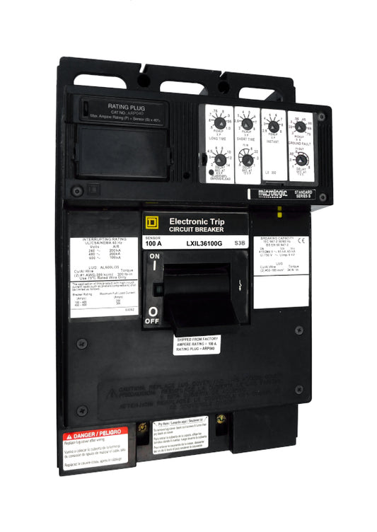 LXIL36100G LXL Frame Style, Molded Case Circuit Breaker, Current Limiting, 100% Rated, 250 Amp Sensor Size, Electronic Non-interchangeable Trip Unit, LSIG Trip Unit Functions, 100 Ampere at 40 Degree Celsius, 3 Pole, with ARP040 Rating Plug Installed Standard, Line and Load End Terminals Standard. New Surplus and Certified Reconditioned with 1 Year Warranty.