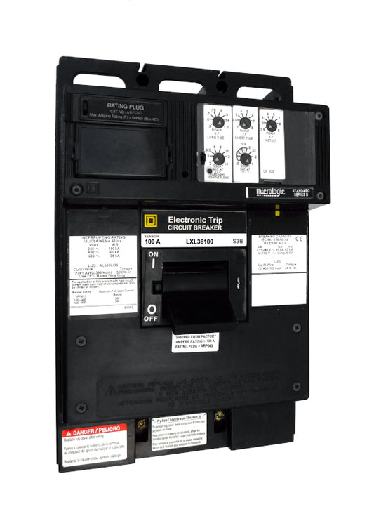 LXL36100 LXL Frame Style, Molded Case Circuit Breaker, 250 Amp Sensor Size, Electronic Non-interchangeable Trip Unit, LSI Trip Unit Functions, 100 Ampere at 40 Degree Celsius, 3 Pole, with ARP040 Rating Plug Installed Standard, Line and Load End Terminals Standard. New Surplus and Certified Reconditioned with 1 Year Warranty.