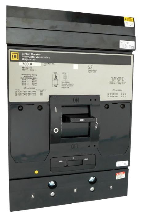 MH36700 MH (I-Line) Frame Style, Molded Case Circuit Breaker, Thermal Magnetic Non-interchangeable Trip Unit, 700 Ampere at 40 Degree Celsius, 3 Pole, Load End Terminals Standard. New Surplus and Certified Reconditioned with 1 Year Warranty.