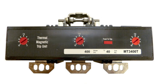 MT3400T Trip Unit, M Frame Style, Thermal-Magnetic, 400 Ampere at 40 Degree Celsius, 3 Pole, Magnetic Trip Adjustment at 5-10 Times Continuous Ampere Rating, For Use in Molded Case Circuit Breakers With Optional Interchangeable Trip Units. New Surplus and Certified Reconditioned with 1 Year Warranty.