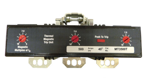 MT3500T Trip Unit, M Frame Style, Thermal-Magnetic, 500 Ampere at 40 Degree Celsius, 3 Pole, Magnetic Trip Adjustment at 5-10 Times Continuous Ampere Rating, For Use in Molded Case Circuit Breakers With Optional Interchangeable Trip Units. New Surplus and Certified Reconditioned with 1 Year Warranty.