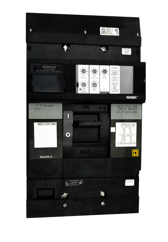 MX36100 MX (I-Line) Frame Style, Molded Case Circuit Breaker, 250 Amp Sensor Size, Electronic Non-Interchangeable Trip Unit, LSI Trip Unit Functions, 100 Ampere at 40 Degree Celsius, 3 Pole, with ARP040 Rating Plug Installed Standard. New Surplus and Certified Reconditioned with 1 Year Warranty.