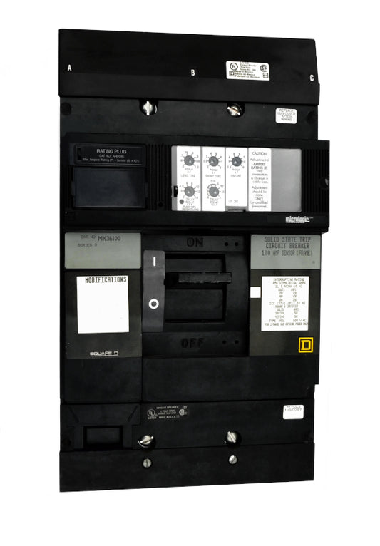 MX36100 MX (I-Line) Frame Style, Molded Case Circuit Breaker, 250 Amp Sensor Size, Electronic Non-Interchangeable Trip Unit, LSI Trip Unit Functions, 100 Ampere at 40 Degree Celsius, 3 Pole, with ARP040 Rating Plug Installed Standard. New Surplus and Certified Reconditioned with 1 Year Warranty.