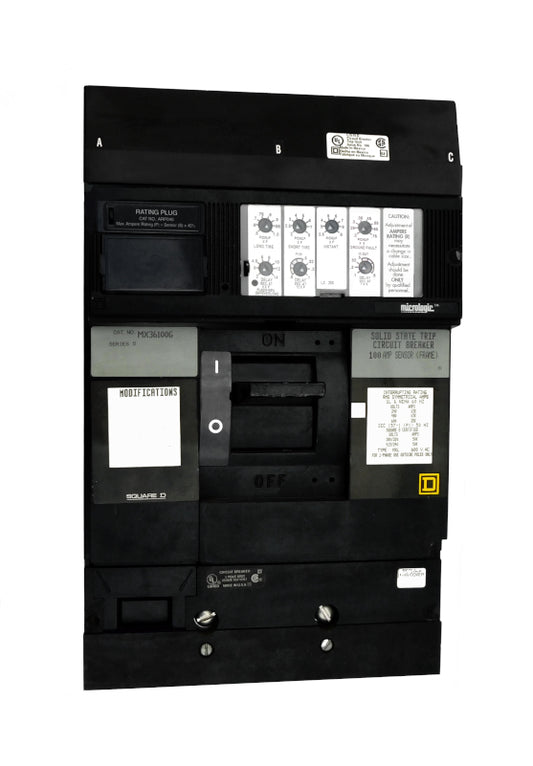 MX36100G MX (I-Line) Frame Style, Molded Case Circuit Breaker, 250 Amp Sensor Size, Electronic Non-Interchangeable Trip Unit, LSIG Trip Unit Functions, 100 Ampere at 40 Degree Celsius, 3 Pole, with ARP040 Rating Plug Installed Standard. New Surplus and Certified Reconditioned with 1 Year Warranty.