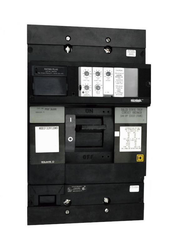 MXF36100 MXF Frame Style, Molded Case Circuit Breaker, 250 Amp Sensor Size, Electronic Non-Interchangeable Trip Unit, LSI Trip Unit Functions, 100 Ampere at 40 Degree Celsius, 3 Pole, Front Connected, No Terminals Standard. New Surplus and Certified Reconditioned with 1 Year Warranty.