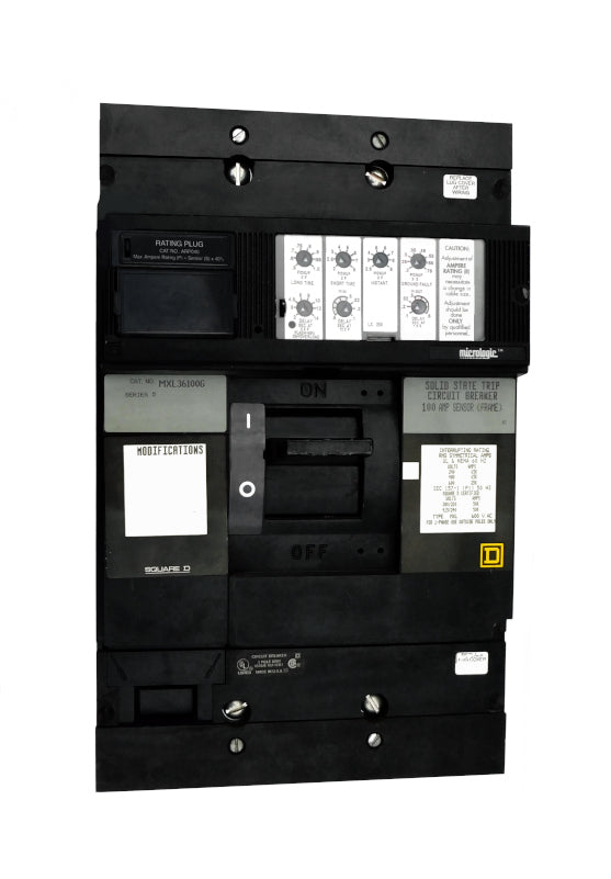 MXL36100G MXL Frame Style, Molded Case Circuit Breaker, 250 Amp Sensor Size, Electronic Non-Interchangeable Trip Unit, LSIG Trip Unit Functions, 100 Ampere at 40 Degree Celsius, 3 Pole, with ARP040 Rating Plug Installed Standard. New Surplus and Certified Reconditioned with 1 Year Warranty.