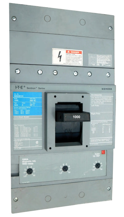 ND63B100 ND Frame Style, Molded Case Circuit Breaker, Thermal Magnetic Interchangeable Trip Unit, 1000 Ampere at 40 Degree Celsius, 3 Pole, 240V AC, 480V AC, and 600V AC @ 50/60 HZ, Line and Load End Terminals Standard. New Surplus and Certified Reconditioned with 1 Year Warranty.
