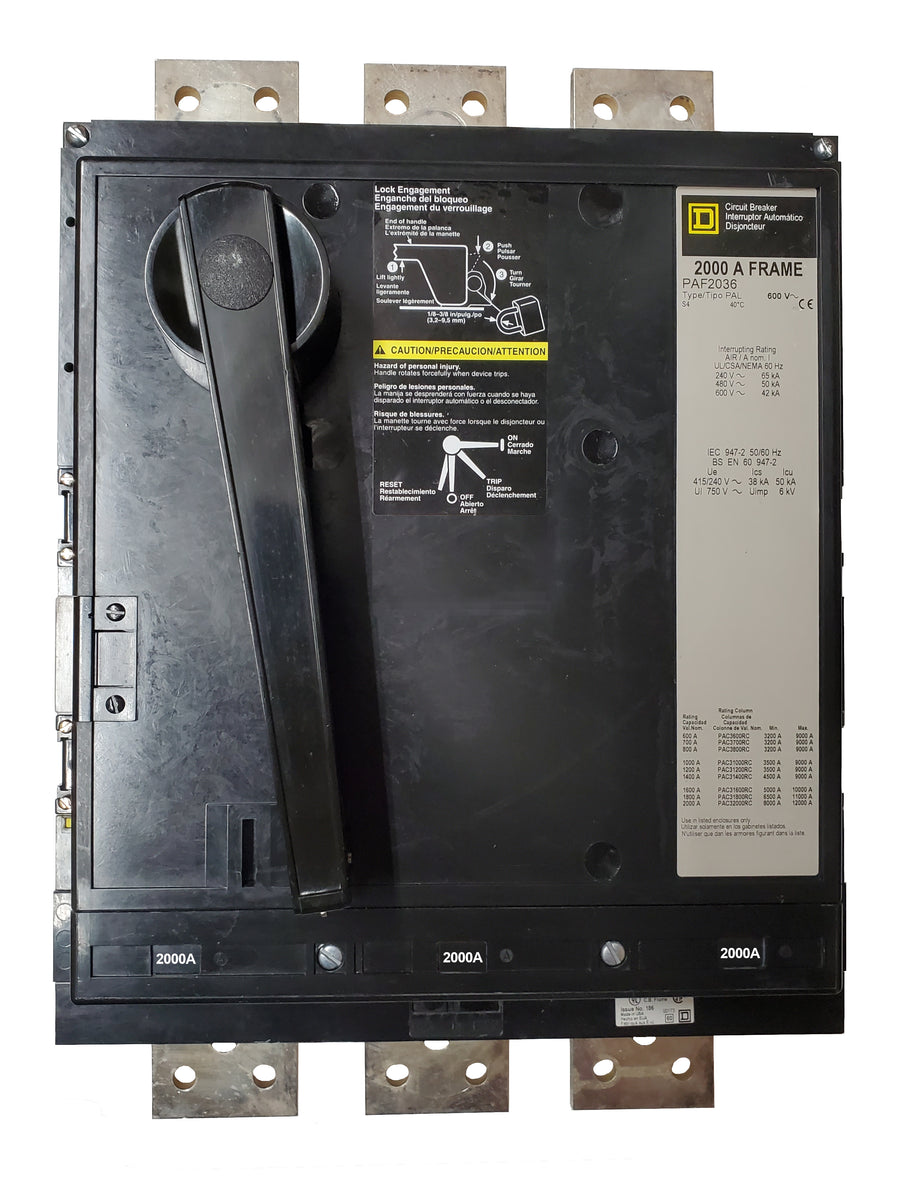 PAF362000G PAF Frame Style, Molded Case Circuit Breaker, Ground Fault Shunt, PA-32000-RC Rating Columns, LI Functions, 2000 Ampere at 40 Degree Celsius, 3 Pole, Interrupting Ratings: 65 Kiloampere @ 240 VAC, 50 Kiloampere @ 480 VAC, 42 Kiloampere @ 600 VAC, Without Terminals Standard.