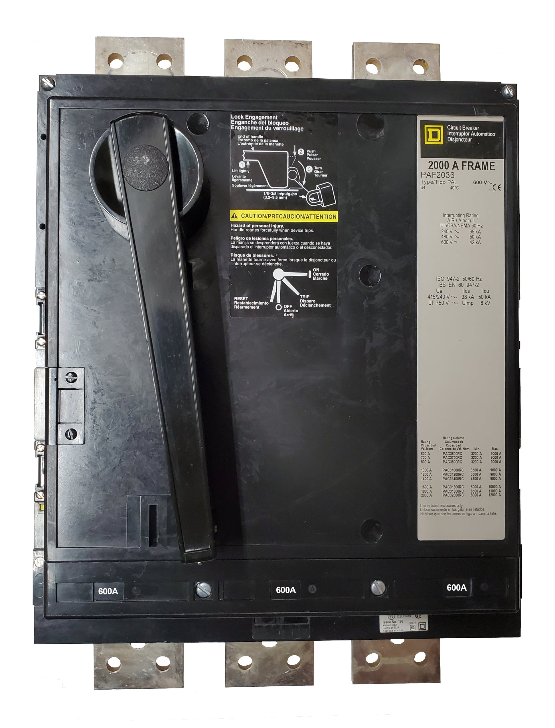 PAF366001021 PAF Frame Style, Molded Case Circuit Breaker, PA-3600-RC Rating Columns, LI Functions, 600 Ampere at 40 Degree Celsius, 3 Pole, Interrupting Ratings: 65 Kiloampere @ 240 VAC, 50 Kiloampere @ 480 VAC, 42 Kiloampere @ 600 VAC, Without Terminals Standard. With Shunt Installed.