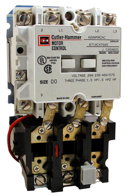 A200MACW Magnetic Motor Starter, Nema Size 00, 9 Amps, 3 Poles, 240VAC Coil, Full Voltage 600VAC, Type B Overload Relay Standard, Open Style No Enclosure, Across the Line Starting and Stopping, Single Speed, Non-Reversing, Max HP Ratings: 1/3 @ 115V/1 Phase, 1 1/2 @ 208V/3 Phase, 1 1/2 @ 240V/3 Phase, 2 @ 480V/3 Phase, 2 @ 600V/3 Phase. New Surplus and Certified Reconditioned with 1 Year Warranty.