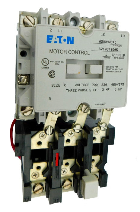 A200M0CAC Magnetic Motor Starter, Nema Size 0, 18 Amps, 3 Poles, 120VAC Coil, Full Voltage 600VAC, Type B Overload Relay Standard, Open Style No Enclosure, Across the Line Starting and Stopping, Single Speed, Non-Reversing, Max HP Ratings: 1 @ 115V/1 Phase, 3 @ 208V/3 Phase, 3 @ 240V/3 Phase, 5 @ 480V/3 Phase, 5 @ 600V/3 Phase. New Surplus and Certified Reconditioned with 1 Year Warranty.