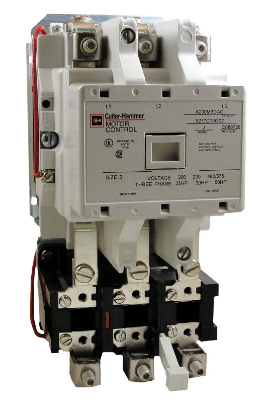 A200M3CAC Magnetic Motor Starter, Nema Size 3, 90 Amps, 3 Poles, 120VAC Coil, Full Voltage 600VAC, Type B Overload Relay Standard, Open Style No Enclosure, Across the Line Starting and Stopping, Single Speed, Non-Reversing, Max HP Ratings: 25 @ 208V/3 Phase, 30 @ 240V/3 Phase, 50 @ 480V/3 Phase, 50 @ 600V/3 Phase. New Surplus and Certified Reconditioned with 1 Year Warranty.