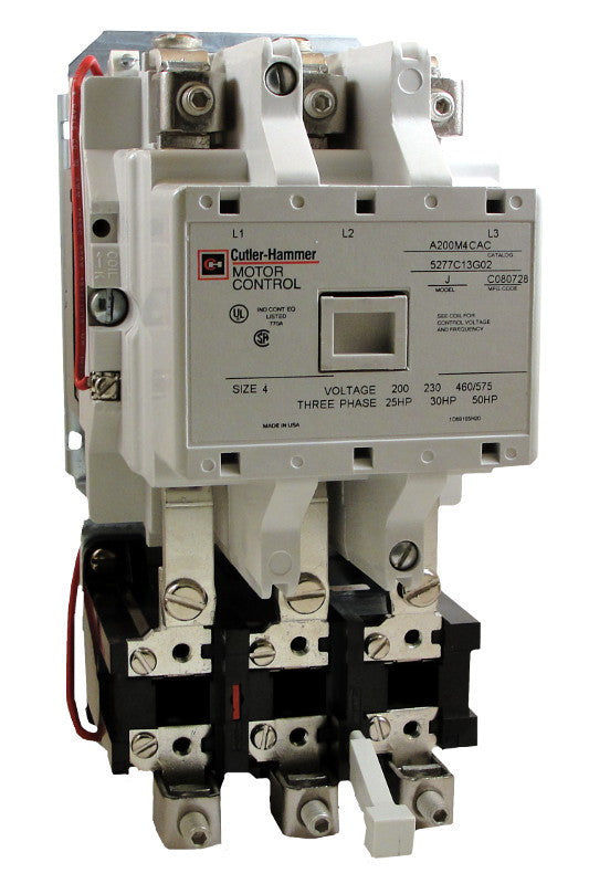 A200M4CB (Model J) Magnetic Motor Starter, Model J, Nema Size 4, 135 Amps, 3 Poles, 208VAC Coil, Full Voltage 600VAC, Type B Overload Relay Standard, Open Style No Enclosure, Across the Line Starting and Stopping, Single Speed, Non-Reversing, Max HP Ratings: 40 @ 208V/3 Phase, 50 @ 240V/3 Phase, 100 @ 480V/3 Phase, 100 @ 600V/3 Phase. New Surplus and Certified Reconditioned with 1 Year Warranty.