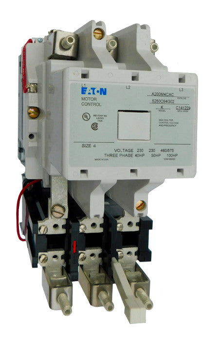 A200M4CW (Model K) Magnetic Motor Starter, Model K, Nema Size 4, 135 Amps, 3 Poles, 240VAC Coil, Full Voltage 600VAC, Type B Overload Relay Standard, Open Style No Enclosure, Across the Line Starting and Stopping, Single Speed, Non-Reversing, Max HP Ratings: 40 @ 208V/3 Phase, 50 @ 240V/3 Phase, 100 @ 480V/3 Phase, 100 @ 600V/3 Phase. New Surplus and Certified Reconditioned with 1 Year Warranty.