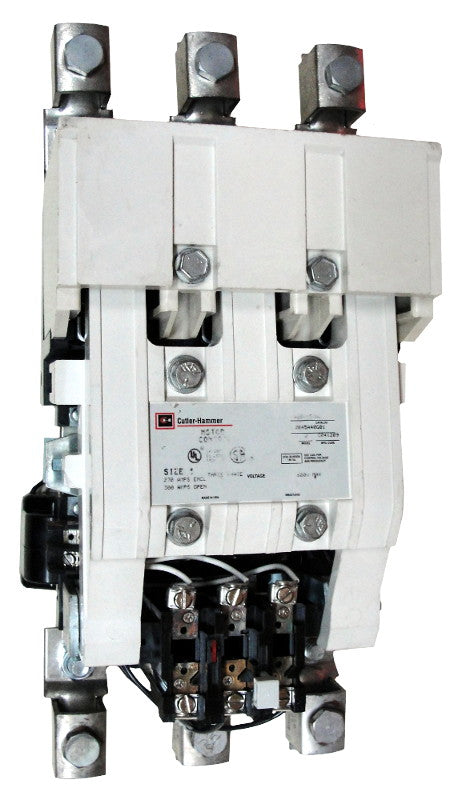 A200M5CE Magnetic Motor Starter, Nema Size 5, 270 Amps, 3 Poles, 600VAC Coil, Full Voltage 600VAC, Type B Overload Relay Standard, Open Style No Enclosure, Clapper Design, Across the Line Starting and Stopping, Single Speed, Non-Reversing, Max HP Ratings: 75 @ 208V/3 Phase, 100 @ 240V/3 Phase, 200 @ 480V/3 Phase, 200 @ 600V/3 Phase. New Surplus and Certified Reconditioned with 1 Year Warranty.