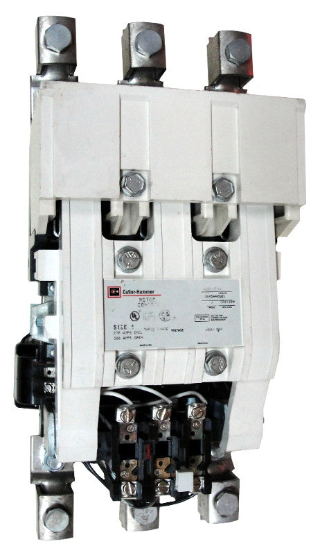 A200M5CW Magnetic Motor Starter, Nema Size 5, 270 Amps, 3 Poles, 240VAC Coil, Full Voltage 600VAC, Type B Overload Relay Standard, Open Style No Enclosure, Clapper Design, Across the Line Starting and Stopping, Single Speed, Non-Reversing, Max HP Ratings: 75 @ 208V/3 Phase, 100 @ 240V/3 Phase, 200 @ 480V/3 Phase, 200 @ 600V/3 Phase. New Surplus and Certified Reconditioned with 1 Year Warranty.