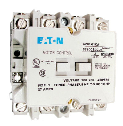 A201K1CA Magnetic Contactor, Nema Size 1, 27 Amps, 3 Poles, 120VAC Coil, Full Voltage 600VAC, Open Style No Enclosure, Across the Line Starting and Stopping, Single Speed, Reversing. New Surplus and Certified Reconditioned with 1 Year Warranty.
