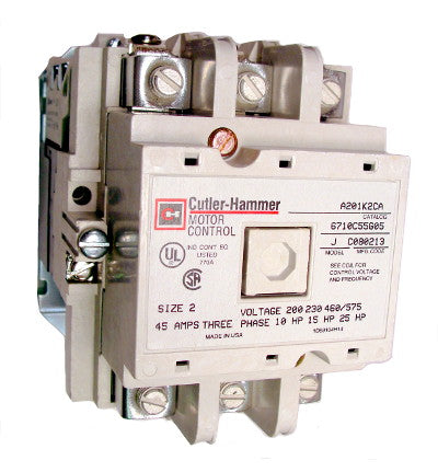 A201K2CE Magnetic Contactor, Nema Size 2, 45 Amps, 3 Poles, 600VAC Coil, Full Voltage 600VAC, Open Style No Enclosure, Across the Line Starting and Stopping, Single Speed, Non-Reversing, Max HP Ratings: 7 1/2 @ 115V/1 Phase, 10 @ 208V/3 Phase, 15 @ 240V/3 Phase, 25 @ 480V/3 Phase, 25 @ 600V/3 Phase. New Surplus and Certified Reconditioned with 1 Year Warranty. 