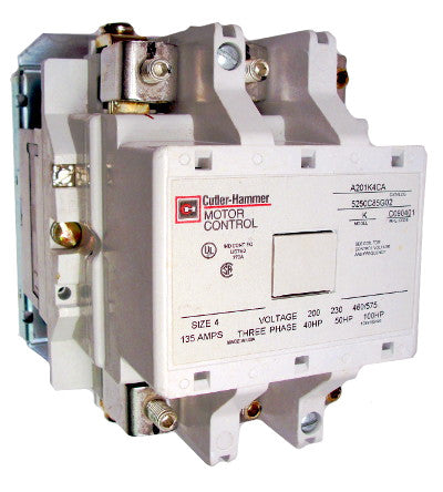 A201K4CW Magnetic Contactor, Model K, Nema Size 4, 135 Amps, 3 Poles, 240VAC Coil, Full Voltage 600VAC, Open Style No Enclosure, Across the Line Starting and Stopping, Single Speed, Non-Reversing, Max HP Ratings: 40 @ 208V/3 Phase, 50 @ 240V/3 Phase, 100 @ 480V/3 Phase, 100 @ 600V/3 Phase. New Surplus and Certified Reconditioned with 1 Year Warranty. 