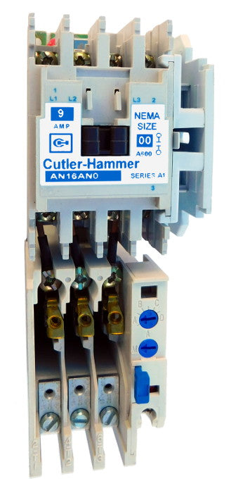 AN16AN0A Magnetic Motor Starter, Nema Size 00, 9 Amps, 3 Poles, 120VAC Coil, Full Voltage 600VAC, Type A Overload Relay Standard, Open Style No Enclosure, Across the Line Starting and Stopping, Single Speed, Non-Reversing, Max HP Ratings (3 Phase): 1 1/2 @ 208VAC, 1 1/2 @ 240VAC, 2 @ 480VAC, 2 @ 600VAC. New Surplus and Certified Reconditioned with 1 Year Warranty.
