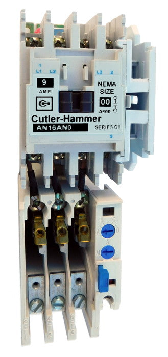 AN16BN0AC Magnetic Motor Starter, Nema Size 0, 18 Amps, 3 Poles, 120VAC Coil, Full Voltage 600VAC, Type C Overload Relay Standard, Open Style No Enclosure, Across the Line Starting and Stopping, Single Speed, Non-Reversing, Max HP Ratings (3 Phase): 3 @ 208VAC, 3 @ 240VAC, 5 @ 480VAC, 5 @ 600VAC. New Surplus and Certified Reconditioned with 1 Year Warranty.