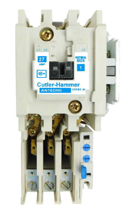 AN16DN0A Magnetic Motor Starter, Nema Size 1, 27 Amps, 3 Poles, 120VAC Coil, Full Voltage 600VAC, Type A Overload Relay Standard, Open Style No Enclosure, Across the Line Starting and Stopping, Single Speed, Non-Reversing, Max HP Ratings (3 Phase): 7 1/2 @ 208VAC, 7 1/2 @ 240VAC, 10 @ 480VAC, 10 @ 600VAC. New Surplus and Certified Reconditioned with 1 Year Warranty.