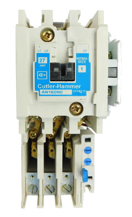 AN16DN0AB Magnetic Motor Starter, Nema Size 1, 27 Amps, 3 Poles, 120VAC Coil, Full Voltage 600VAC, Type B Overload Relay Standard, Open Style No Enclosure, Across the Line Starting and Stopping, Single Speed, Non-Reversing, Max HP Ratings (3 Phase): 7 1/2 @ 208VAC, 7 1/2 @ 240VAC, 10 @ 480VAC, 10 @ 600VAC. New Surplus and Certified Reconditioned with 1 Year Warranty.