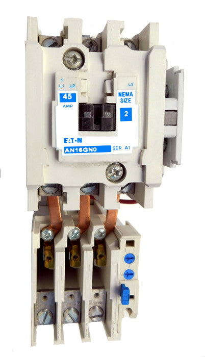 AN16GN0A Magnetic Motor Starter, Nema Size 2, 45 Amps, 3 Poles, 120VAC Coil, Full Voltage 600VAC, Type A Overload Relay Standard, Open Style No Enclosure, Across the Line Starting and Stopping, Single Speed, Non-Reversing, Max HP Ratings (3 Phase): 10 @ 208VAC, 15 @ 240VAC, 25 @ 480VAC, 25 @ 600VAC. New Surplus and Certified Reconditioned with 1 Year Warranty.