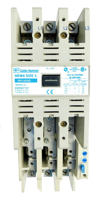 AN16KN0A Magnetic Motor Starter, Nema Size 3, 90 Amps, 3 Poles, 120VAC Coil, Full Voltage 600VAC, Type A Overload Relay Standard, Open Style No Enclosure, Across the Line Starting and Stopping, Single Speed, Non-Reversing, Max HP Ratings (3 Phase): 25 @ 208VAC, 30 @ 240VAC, 50 @ 480VAC, 50 @ 600VAC. New Surplus and Certified Reconditioned with 1 Year Warranty.