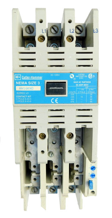 AN16KN0AB Magnetic Motor Starter, Nema Size 3, 90 Amps, 3 Poles, 120VAC Coil, Full Voltage 600VAC, Type B Overload Relay Standard, Open Style No Enclosure, Across the Line Starting and Stopping, Single Speed, Non-Reversing, Max HP Ratings (3 Phase): 25 @ 208VAC, 30 @ 240VAC, 50 @ 480VAC, 50 @ 600VAC. New Surplus and Certified Reconditioned with 1 Year Warranty.