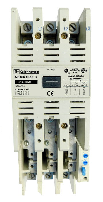 AN16KN0AC Magnetic Motor Starter, Nema Size 3, 90 Amps, 3 Poles, 120VAC Coil, Full Voltage 600VAC, Type C Overload Relay Standard, Open Style No Enclosure, Across the Line Starting and Stopping, Single Speed, Non-Reversing, Max HP Ratings (3 Phase): 25 @ 208VAC, 30 @ 240VAC, 50 @ 480VAC, 50 @ 600VAC. New Surplus and Certified Reconditioned with 1 Year Warranty.